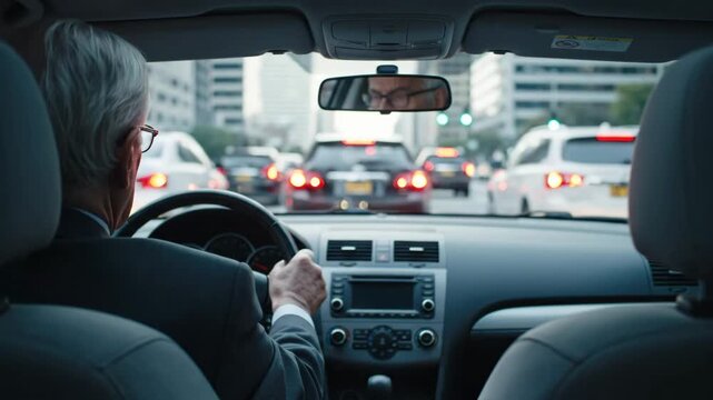 Mature businessman with gray hair and glasses commuting to work, patiently driving his car through a congested urban street during the morning rush hour with skyscrapers in the background