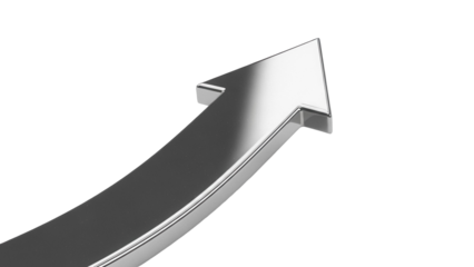 Shiny silver arrow pointing up isolated PNG, symbol of growth and success on transparent background, metallic 3D render