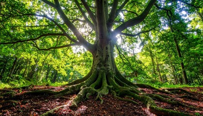 Obraz premium Majestic Tree with Sprawling Roots in Lush Green Forest.