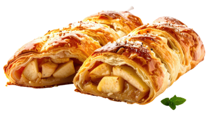 Flaky, golden-brown pastry rolls showcasing warm apple filling, garnished with powdered sugar