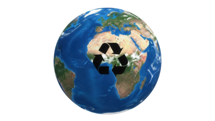 Earth globe with recycling symbol isolated PNG, realistic planet showing continents and oceans for environmental awareness and sustainability concepts