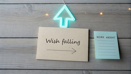 Glowing neon arrow pointing downward at Wish falling card