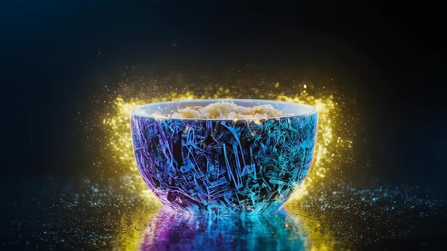 A translucent bowl with intricate blue patterns and glowing particles, filled with food