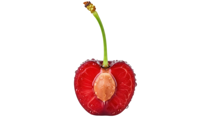 Half cut red cherry with pit isolated PNG, fresh fruit with water droplets on transparent background, healthy eating and summer treat