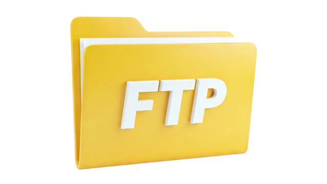 3D Icon of a Yellow Folder Labeled 'FTP' - Powered by Adobe