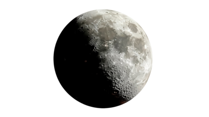 Detailed moon PNG isolated on transparent background, lunar surface with craters and shadows, astronomical object for science and space exploration