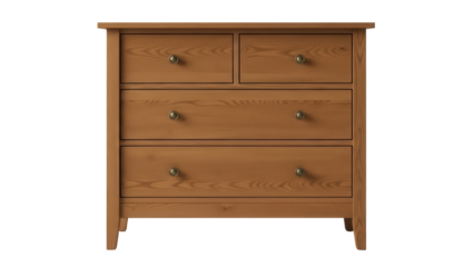 Wooden chest of drawers isolated PNG on transparent background, brown dresser with four drawers for bedroom furniture and storage