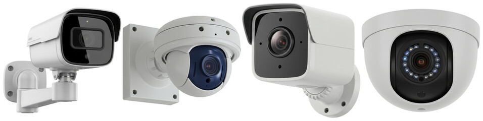 realistic photograph of four modern security cameras in diverse styles and colors, isolated on a transparent background.