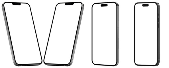 realistic photograph of four modern smartphones with blank screens, presented at various angles, isolated on black.