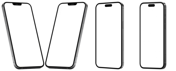 realistic photograph of four modern smartphones with blank screens, presented at various angles, isolated on black.