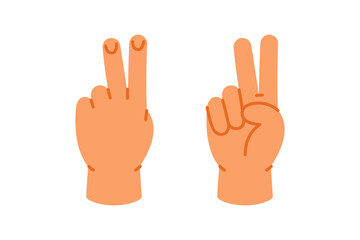 Fototapeta premium Hand showing number 2 with two fingers up. Cartoon gesture for number recognition. Flat vector for learning and kids education