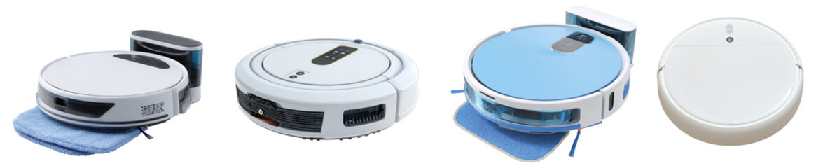 four distinct modern robot vacuum cleaners showcasing various designs and smart home cleaning technology, photographed on a clean white background.