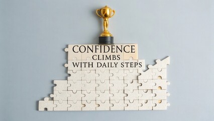 Golden trophy on puzzle staircase emphasizing daily steps for success