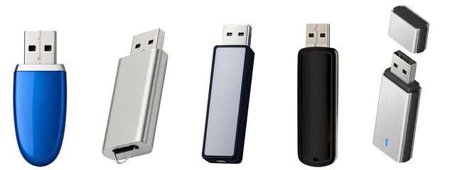 a diverse group of modern usb flash drives and portable storage devices, showcasing various designs...