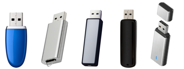 a diverse group of modern usb flash drives and portable storage devices, showcasing various designs and capacities, photographed on a white background.