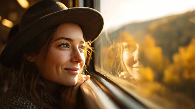 Beautiful smiling woman wearing a hat looking out the train window at the passing golden autumn landscape, enjoying her journey with her reflection visible on the sunlit glass