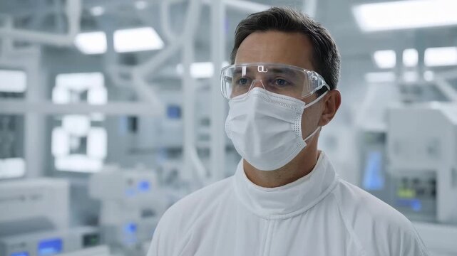 Cleanroom technician wearing protective mask and safety goggles in semiconductor manufacturing facility