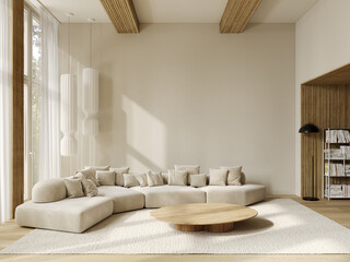 Beige interior with high ceiling, sofa with pillows, carpet, wall panels, coffee table and decor. 3d render illustration mockup