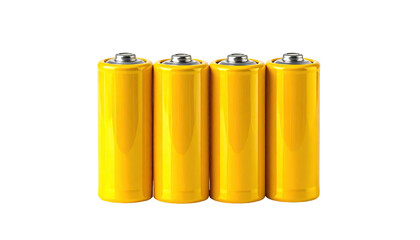 Four bright yellow cylindrical batteries standing upright against a stark black background