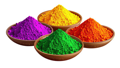 Four bowls filled with vibrant colored powders on a black background