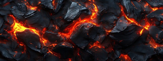 Closeup of fiery lava flow with glowing red and orange flames on volcanic rocks isolated on white background