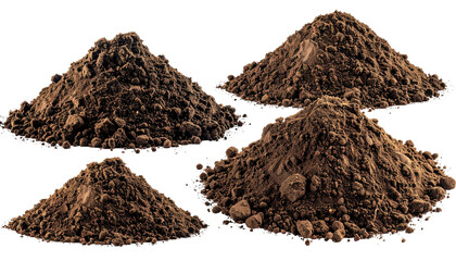 Four brown piles of dirt, soil, or sediment, each with a different shade, isolated on black