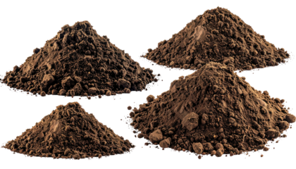 Four brown piles of dirt, soil, or sediment, each with a different shade, isolated on black