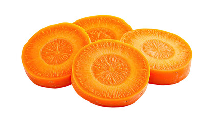 Four circular carrot slices with vibrant orange hues. Detailed cross-sections against black backdrop