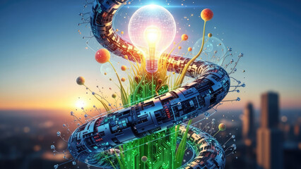 Futuristic DNA Helix Structure with Glowing Light Bulb and Cityscape.