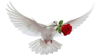 Happy valentine's day white dove holding red rose isolated on transparent background
