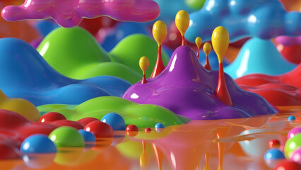 Vibrant colorful paint blobs splattered on a reflective surface with various colors and textures.