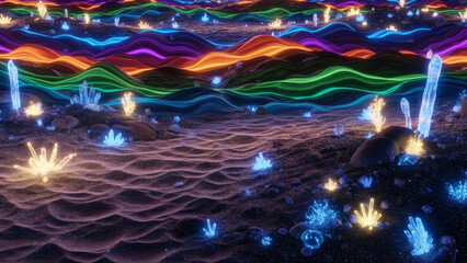 Vibrant neon light trails over a dark, glowing landscape with blue sparks