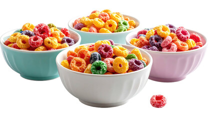 Four colorful, filled cereal bowls with one piece isolated below