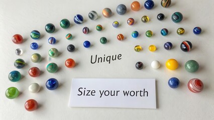 Marbles of various colors and sizes scattered on a white surface