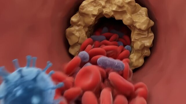 Close Up Microscopic View of Arterial Plaque Buildup Blocking Blood Flow with Red Blood Cells Bacteria and Viruses Flowing Through Narrowed Artery Under Red Lighting
