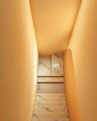 Staircase leading down with smooth walls and marble steps in a bright area with warm tones