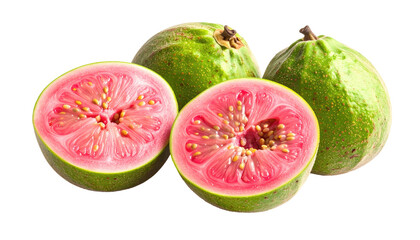 Four fresh, green guavas; two are halved revealing pink fruit with many seeds