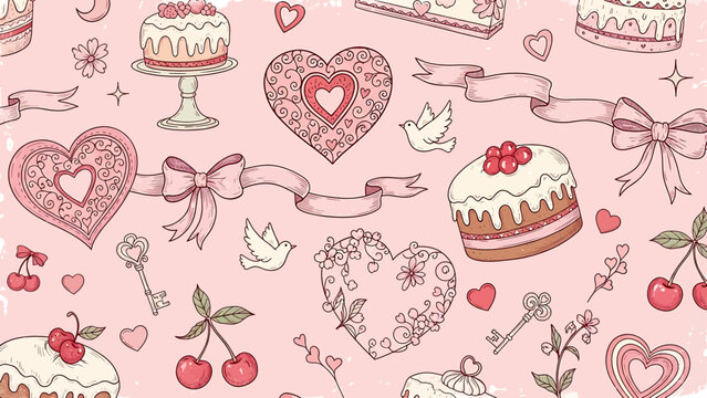 Valentines Day Hearts Cakes Pastries Illustration.