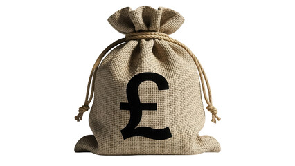 Burlap money bag with pound symbol isolated PNG, sack of cash for finance and economy concepts on...