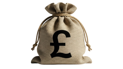 Burlap money bag with pound symbol isolated PNG, sack of cash for finance and economy concepts on transparent background