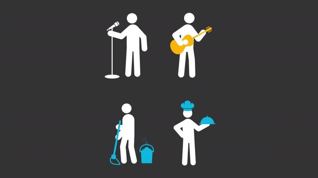 Different professions stick men white glyphs animation set. Restaurant shef, street musician. Concert singer. Simple human silhouettes dynamic movement. Solid pictogram symbols HD video