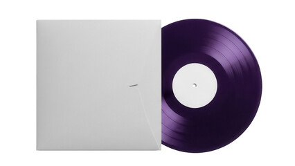 Purple vinyl record isolated PNG, blank sleeve mockup for music album cover design, retro audio disc for DJ turntable and vintage sound