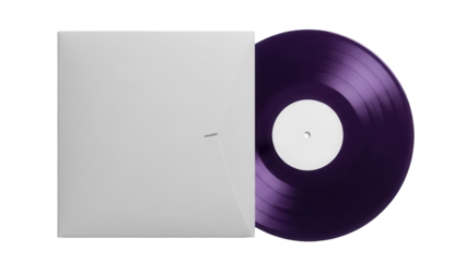 Purple vinyl record isolated PNG, blank sleeve mockup for music album cover design, retro audio disc for DJ turntable and vintage sound