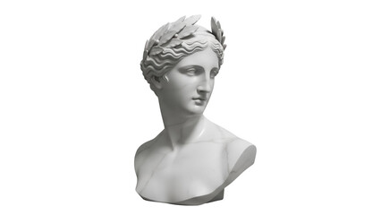 Marble bust of a woman with laurel wreath isolated PNG, ancient sculpture on transparent background...