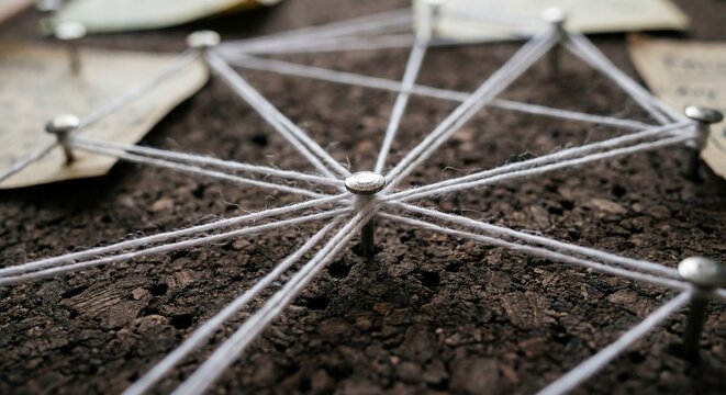Detailed view of a string mind map or evidence board with white threads connecting various metal pins on a dark cork surface for investigation themes