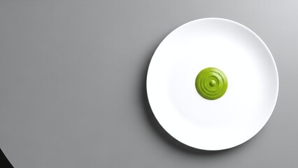 Beautifully presented green sauce dollop on white plate