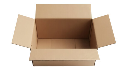 Open brown cardboard box PNG isolated on transparent background, empty container for shipping and storage, packaging material
