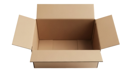 Open brown cardboard box PNG isolated on transparent background, empty container for shipping and storage, packaging material