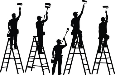 Painter & Decorator Silhouette Vector Set  Workers on Ladders with Paint Rollers © MD