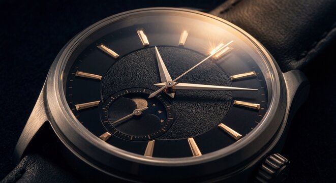 Detailed close-up of a luxury men's mechanical wristwatch featuring a black dial and golden moon phase complication under warm soft lighting